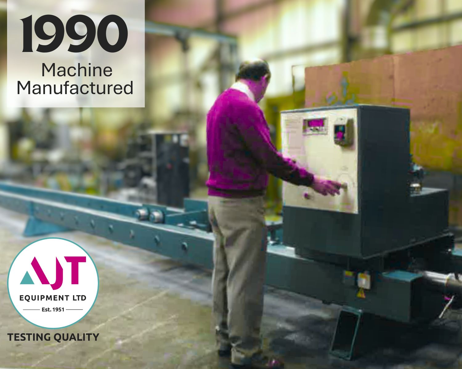 A man standing using the test machine - dated 1990 - no guards shown