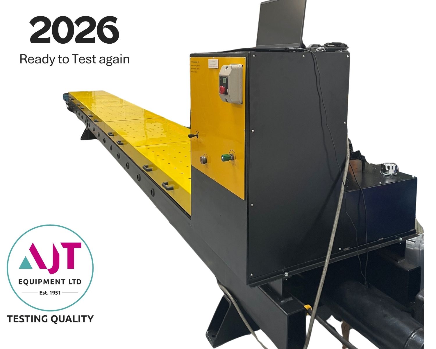 Horizontal black test machine with yellow guards all closed. Given a new life in 2026