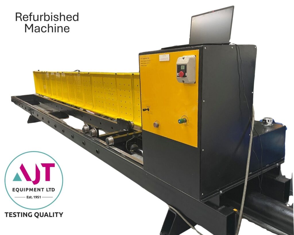 Black tensile test machine with yellow guards in the open position