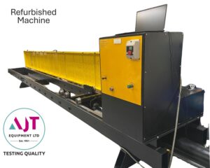 Black tensile test machine with yellow guards in the open position