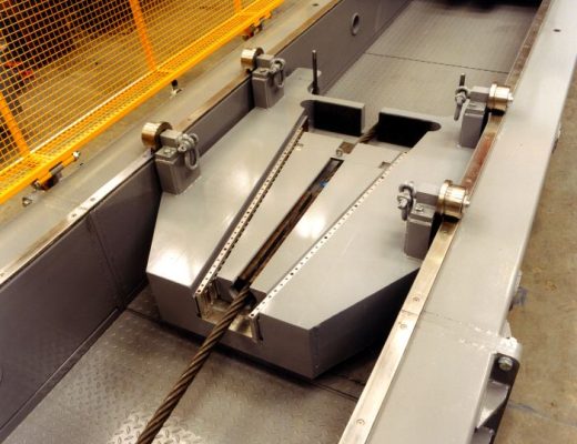 Wire Rope Grips installed in a tensile test machine. A pair of triangular shape grips with a rope cut out secure the rope as the load is applied.